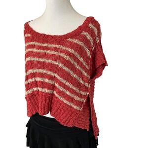 Free People Striped Knit Cropped Sweater Top Women's XS Red Beige Boho Loose